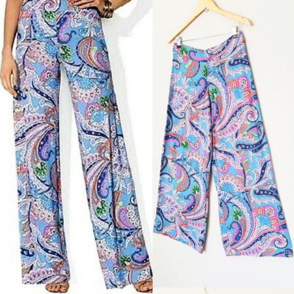 Lauren Ralph Lauren Blue Pink Paisley Wide Leg  Pull On Pants M Stretch Jersey - Picture 1 of 12
